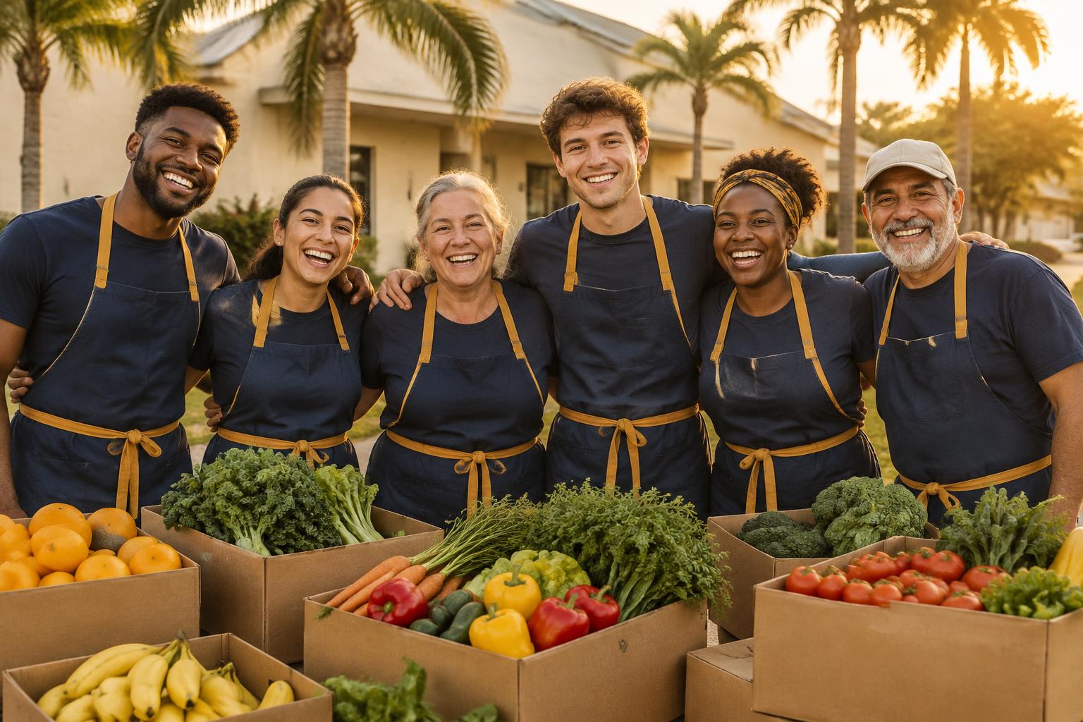 Volunteers of Asians to the World Inc standing together behind boxes of fresh produce