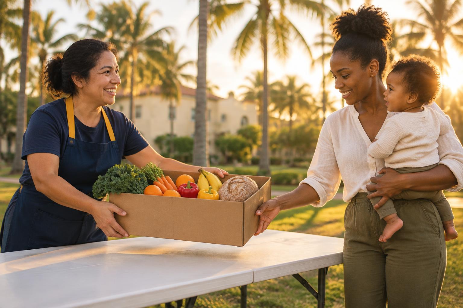 A volunteer handing a box of fresh groceries to a mother and her child in Orlando
