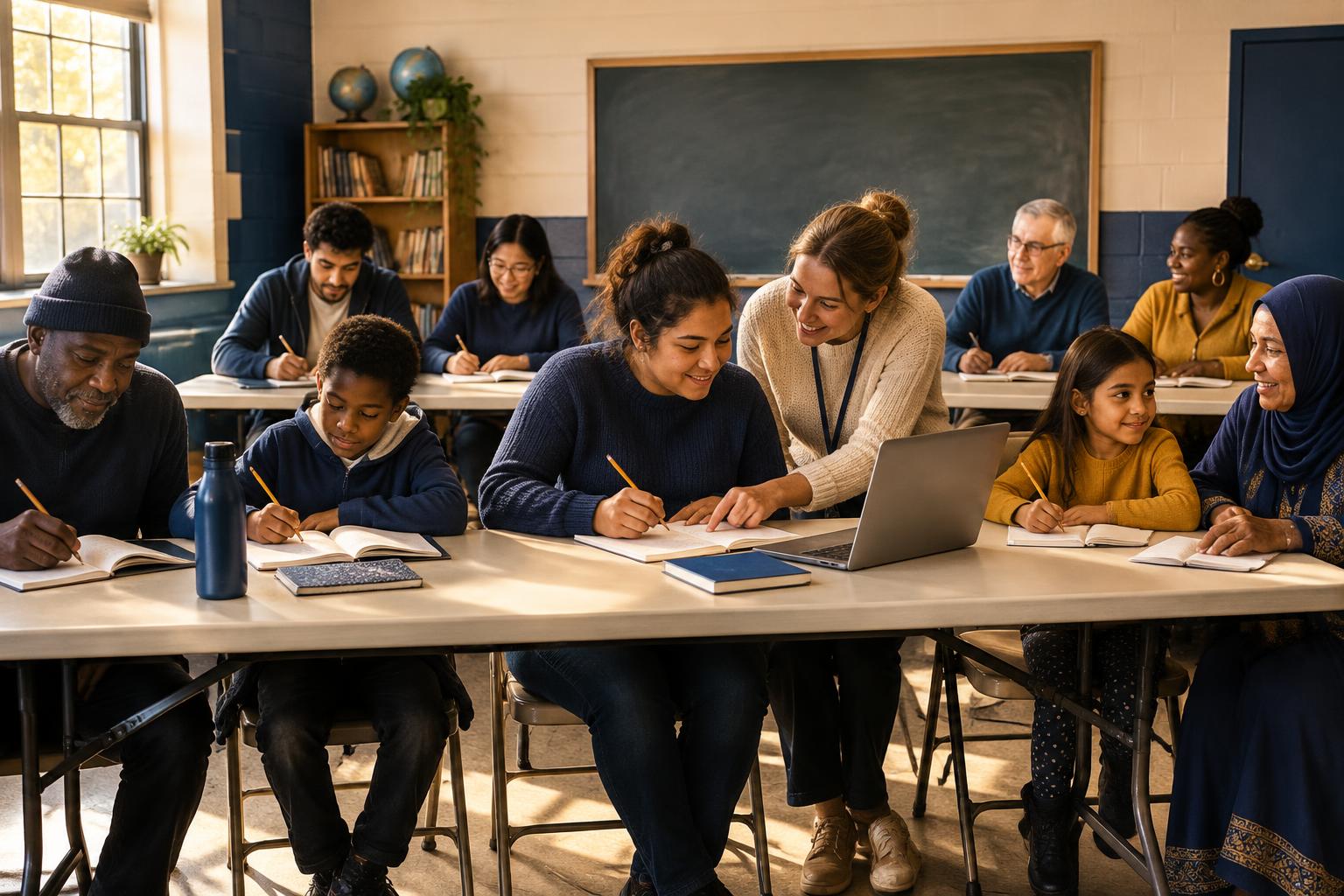 Adults and children working together at tables in a classroom with a tutor helping