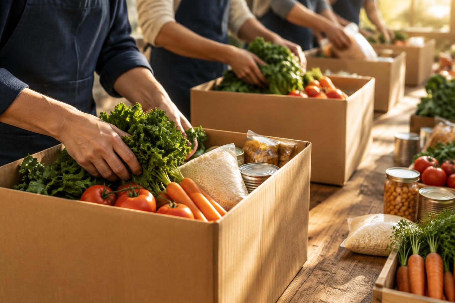 Volunteers packing boxes of fresh produce for families in Orlando