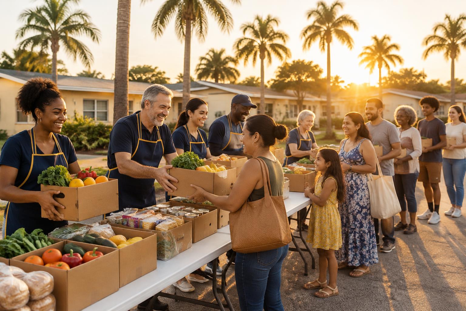 Volunteers handing boxes of fresh produce to neighbors at an Orlando food distribution
